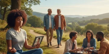 Diverse group of American adults practicing mindful digital use and offline activities, symbolizing digital wellbeing in 2026.