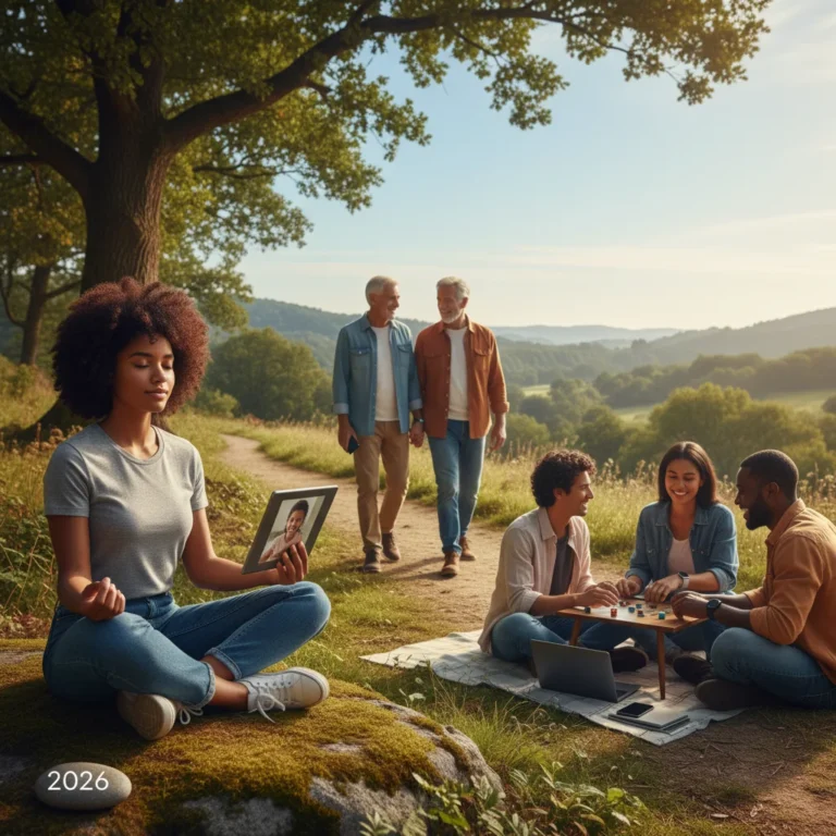 Diverse group of American adults practicing mindful digital use and offline activities, symbolizing digital wellbeing in 2026.
