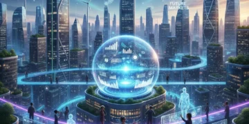 Futuristic cityscape with glowing digital connections representing disruptive market innovation by US innovators in 2026.