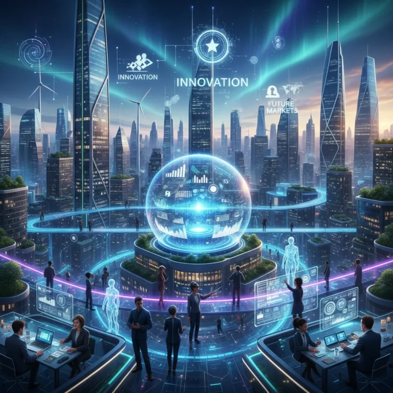 Futuristic cityscape with glowing digital connections representing disruptive market innovation by US innovators in 2026.