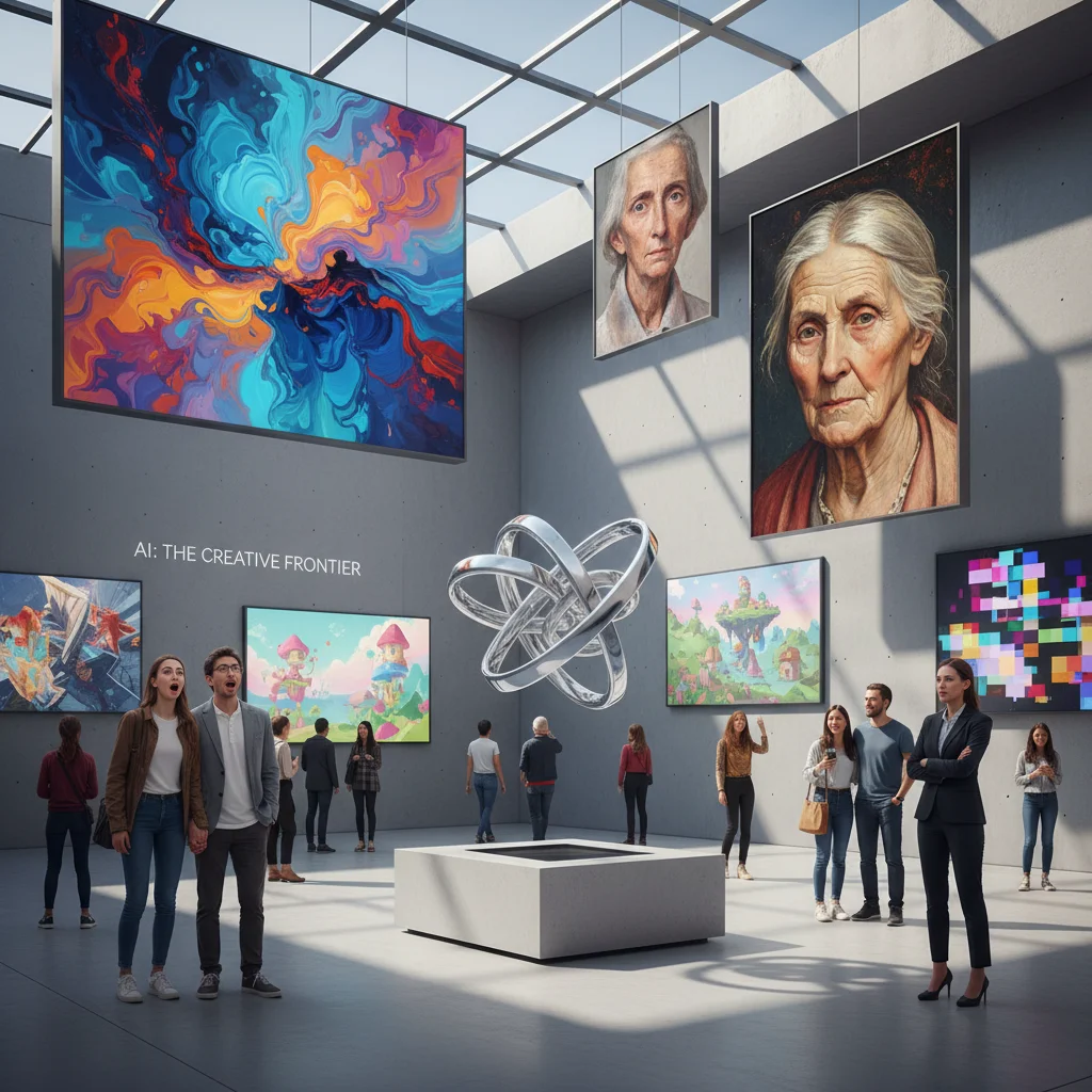 Diversity of AI-generated art displayed in a modern gallery, observed by diverse people.