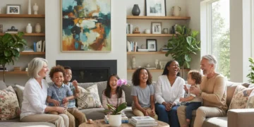 Diverse American family generations connecting in a modern living room