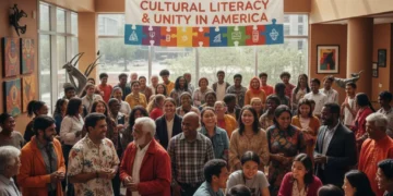 Diverse group interacting, symbolizing cultural literacy and inclusion.