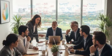 Diverse professionals collaborating in a modern office, symbolizing evolving mentorship.