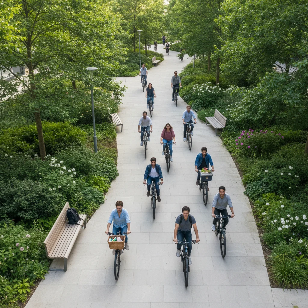 People riding diverse e-bikes on a scenic urban park pathway