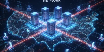 Distributed network of edge computing data centers across the U.S. showing data flow and connectivity.