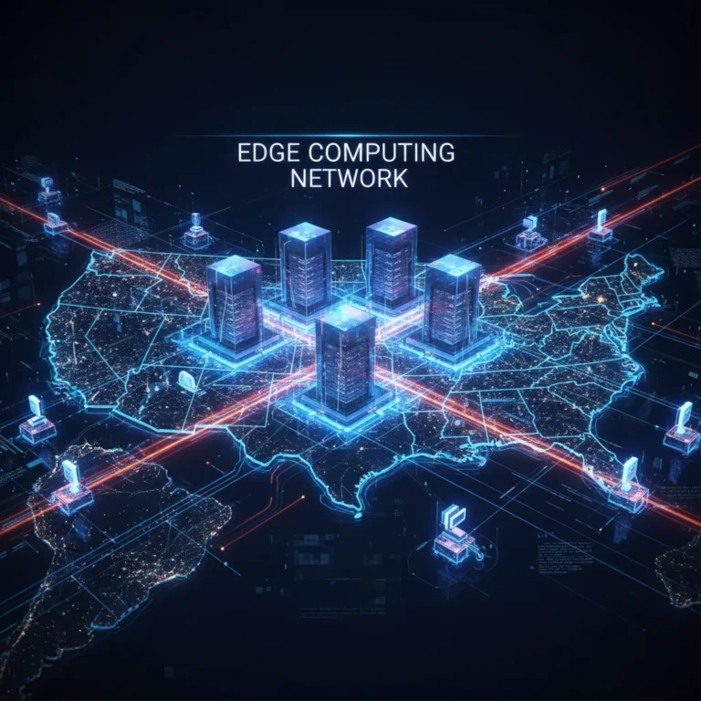 Distributed network of edge computing data centers across the U.S. showing data flow and connectivity.