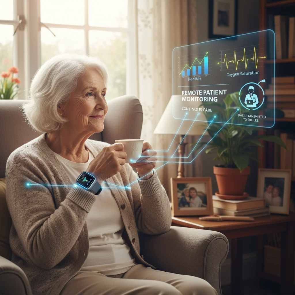 Elderly patient with wearable device for remote monitoring