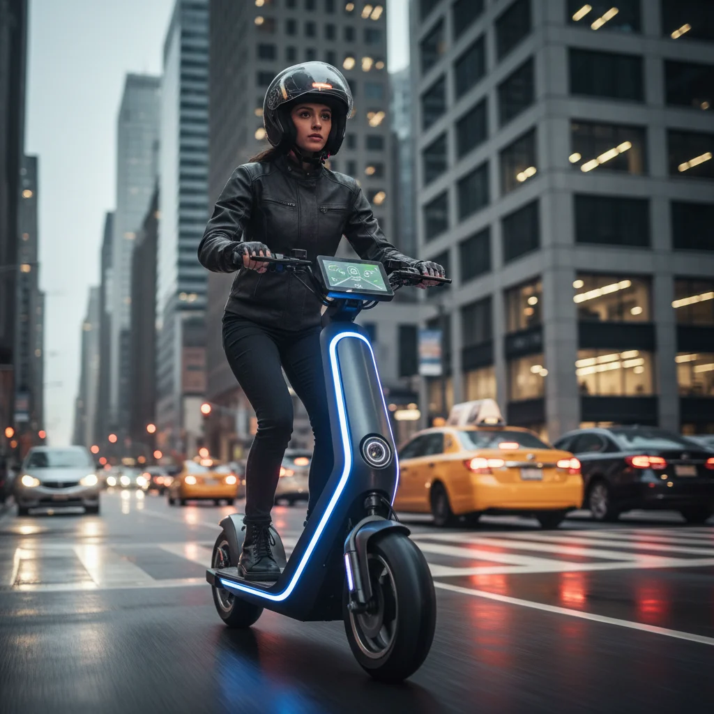 Rider on a modern electric scooter in a bustling city street