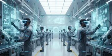 Workers using augmented reality headsets in a modern factory setting, displaying digital information over physical equipment.