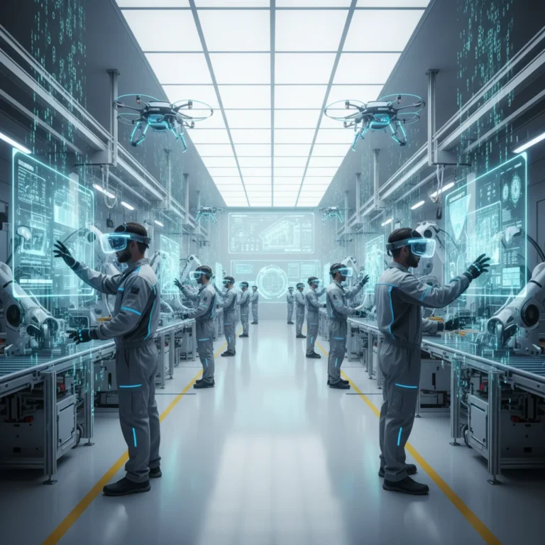 Workers using augmented reality headsets in a modern factory setting, displaying digital information over physical equipment.