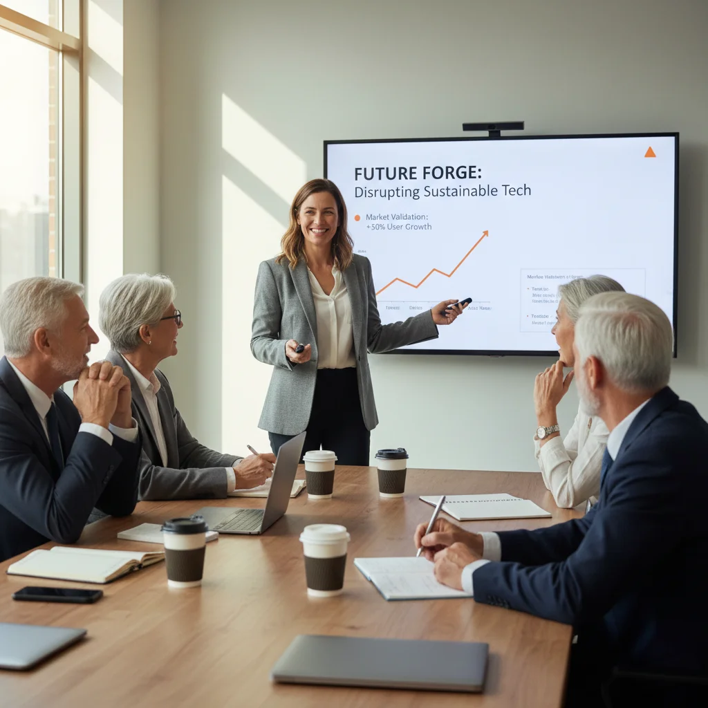 Entrepreneur presenting a successfully validated business idea to potential investors.