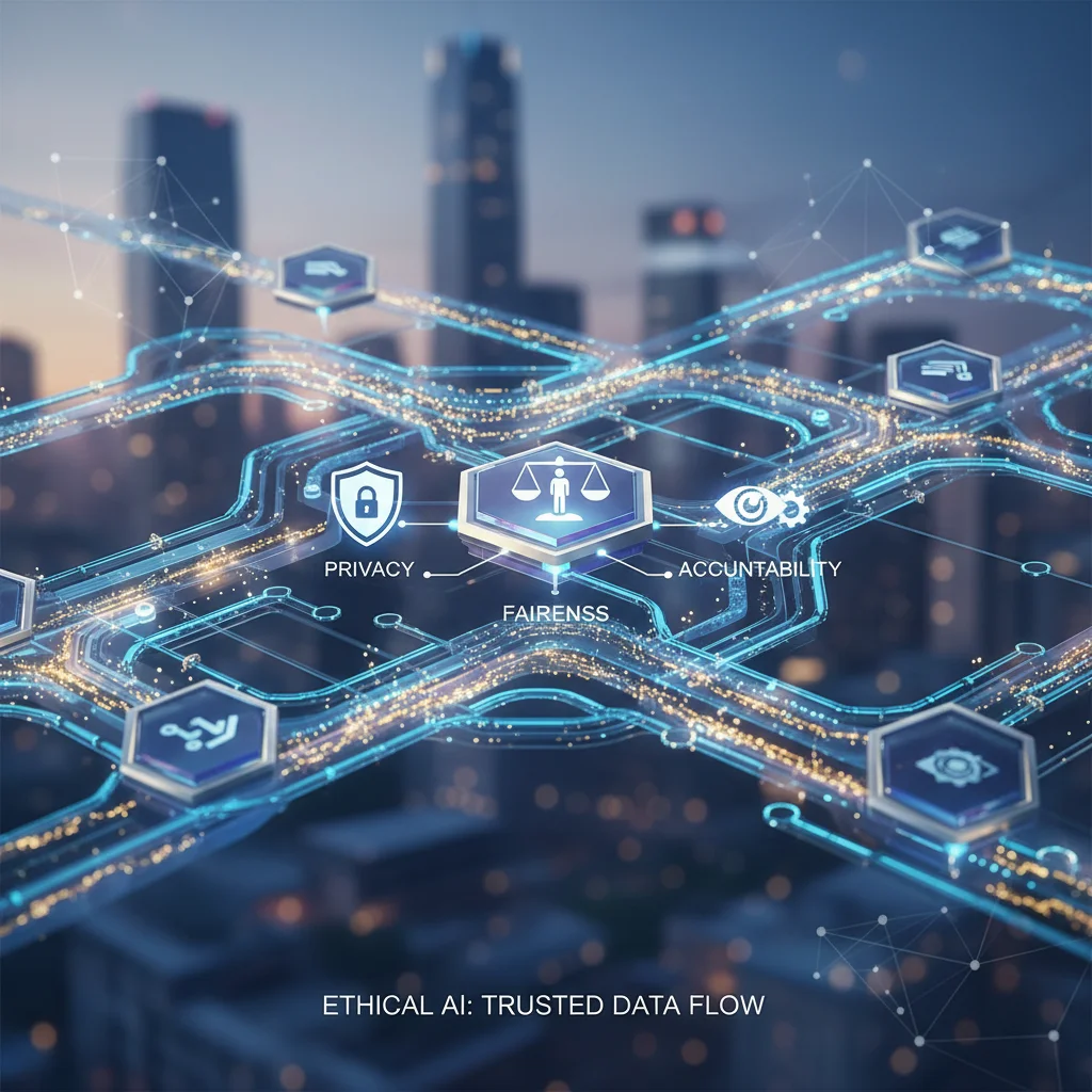 Secure data flow with privacy, fairness, and accountability icons