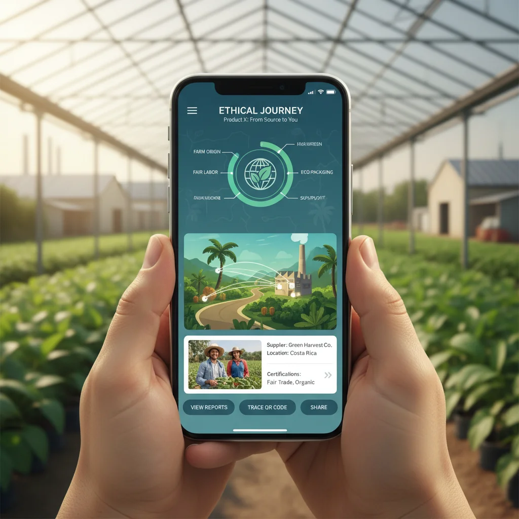 Smartphone app showing ethical sourcing data for a product, emphasizing transparency.