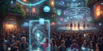 Diverse individuals enjoying immersive experiences in a modern, interactive setting, symbolizing the future of the experience economy.
