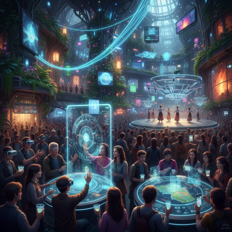 Diverse individuals enjoying immersive experiences in a modern, interactive setting, symbolizing the future of the experience economy.