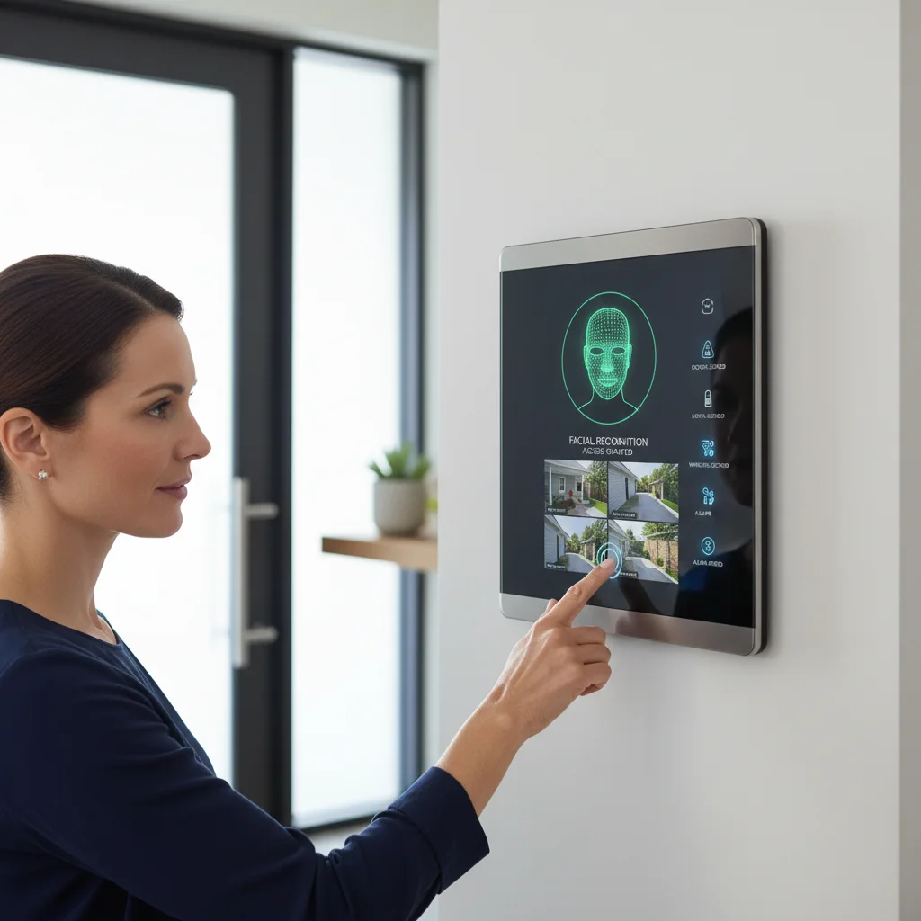 Homeowner using facial recognition on a smart security panel