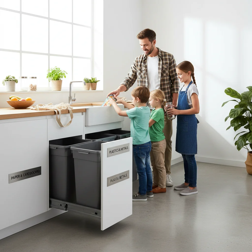 Family sorting recycling in a modern kitchen, teaching children sustainable waste management