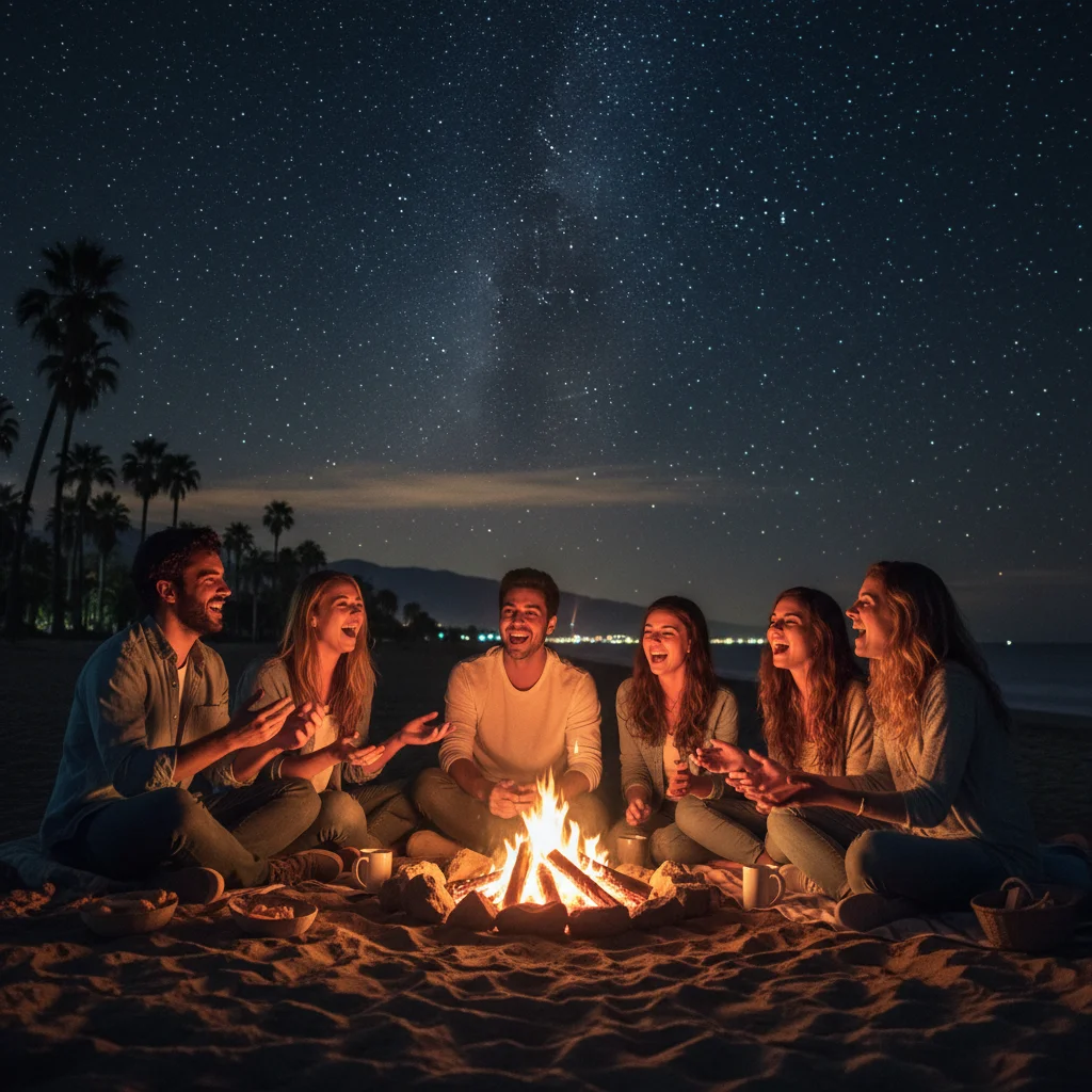 Friends gathered around a campfire, engaging in real-world conversation.