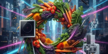 Dynamic collage of future American food trends: plant-based ingredients, global spices, sustainable dining.