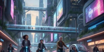 Futuristic urban scene with diverse micro-mobility vehicles in motion
