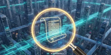 Futuristic cityscape with digital lines and magnifying glass over legal document for AI regulations