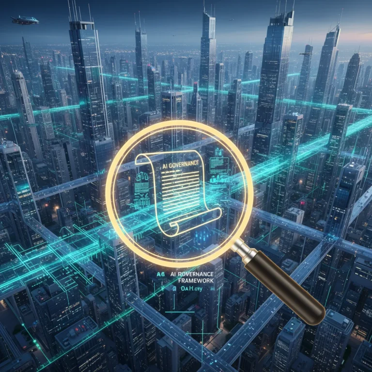 Futuristic cityscape with digital lines and magnifying glass over legal document for AI regulations