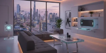 Futuristic apartment living room with integrated smart furniture solutions