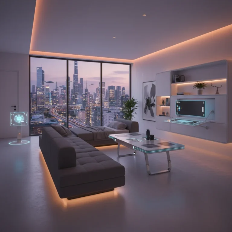 Futuristic apartment living room with integrated smart furniture solutions
