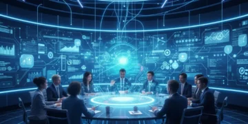 Futuristic brainstorming session with diverse professionals and holographic displays, representing advanced innovation techniques.