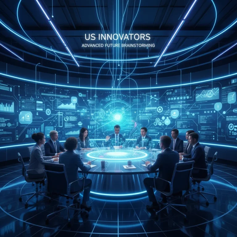 Futuristic brainstorming session with diverse professionals and holographic displays, representing advanced innovation techniques.