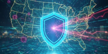 Futuristic digital shield protecting U.S. organizations from advanced cybersecurity threats.