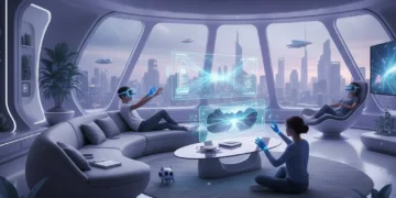 Family enjoying advanced home entertainment with VR, AR, and spatial audio in a modern living room.