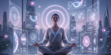 Futuristic individual meditating with advanced wellness technology for mental clarity