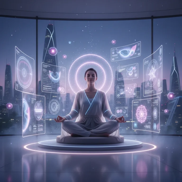 Futuristic individual meditating with advanced wellness technology for mental clarity