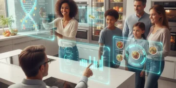 Futuristic personalized nutrition dashboard with data and food recommendations