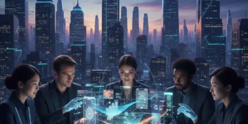 Futuristic product developers collaborating on a holographic interface, demonstrating creative user experience design