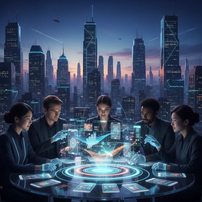 Futuristic product developers collaborating on a holographic interface, demonstrating creative user experience design