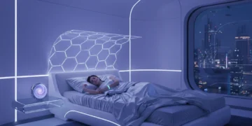 Futuristic bedroom with advanced sleep technology devices for enhanced rest.