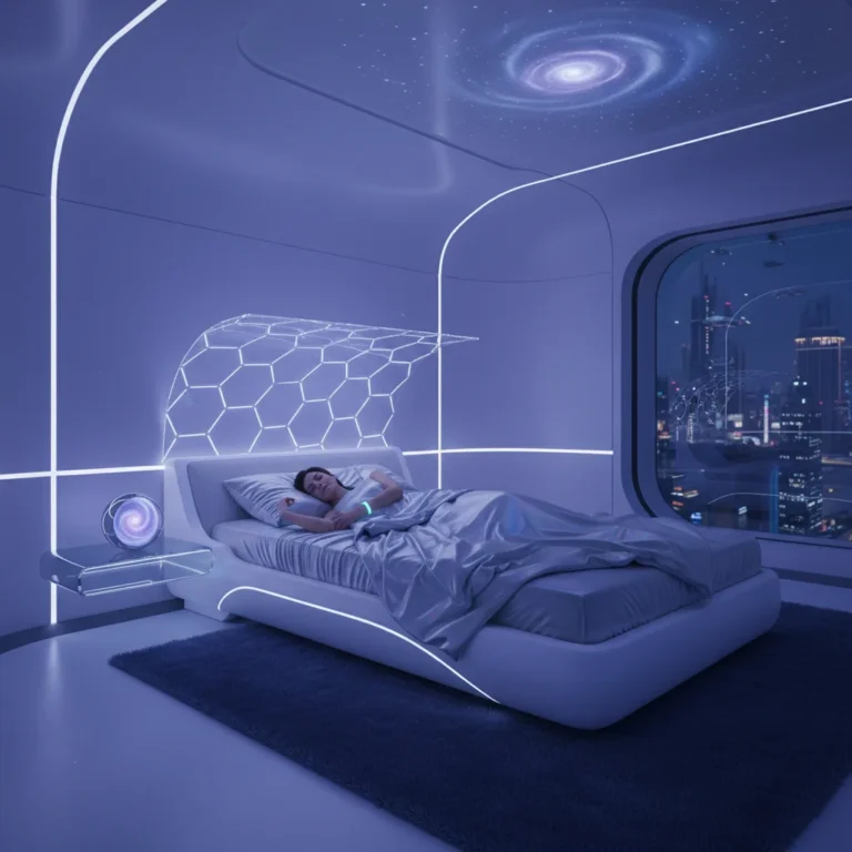 Futuristic bedroom with advanced sleep technology devices for enhanced rest.