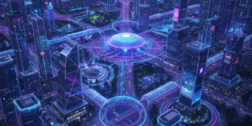 Futuristic smart city with interconnected infrastructure and glowing data streams