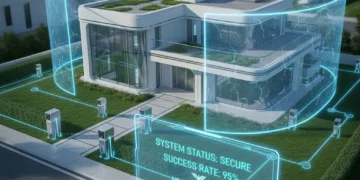 Futuristic smart home with AI security and holographic success rate display