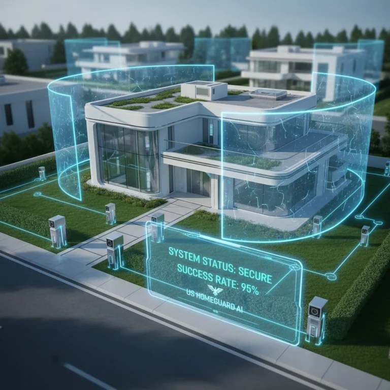 Futuristic smart home with AI security and holographic success rate display