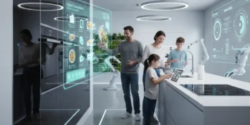 Family using smart kitchen appliances for efficient meal preparation in a modern kitchen.