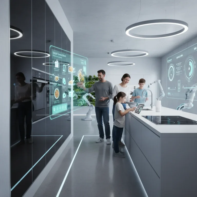 Family using smart kitchen appliances for efficient meal preparation in a modern kitchen.