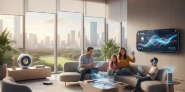Integrated smart home technology in a modern US living room with family.