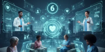 Futuristic virtual healthcare ecosystem with diverse patients and doctors