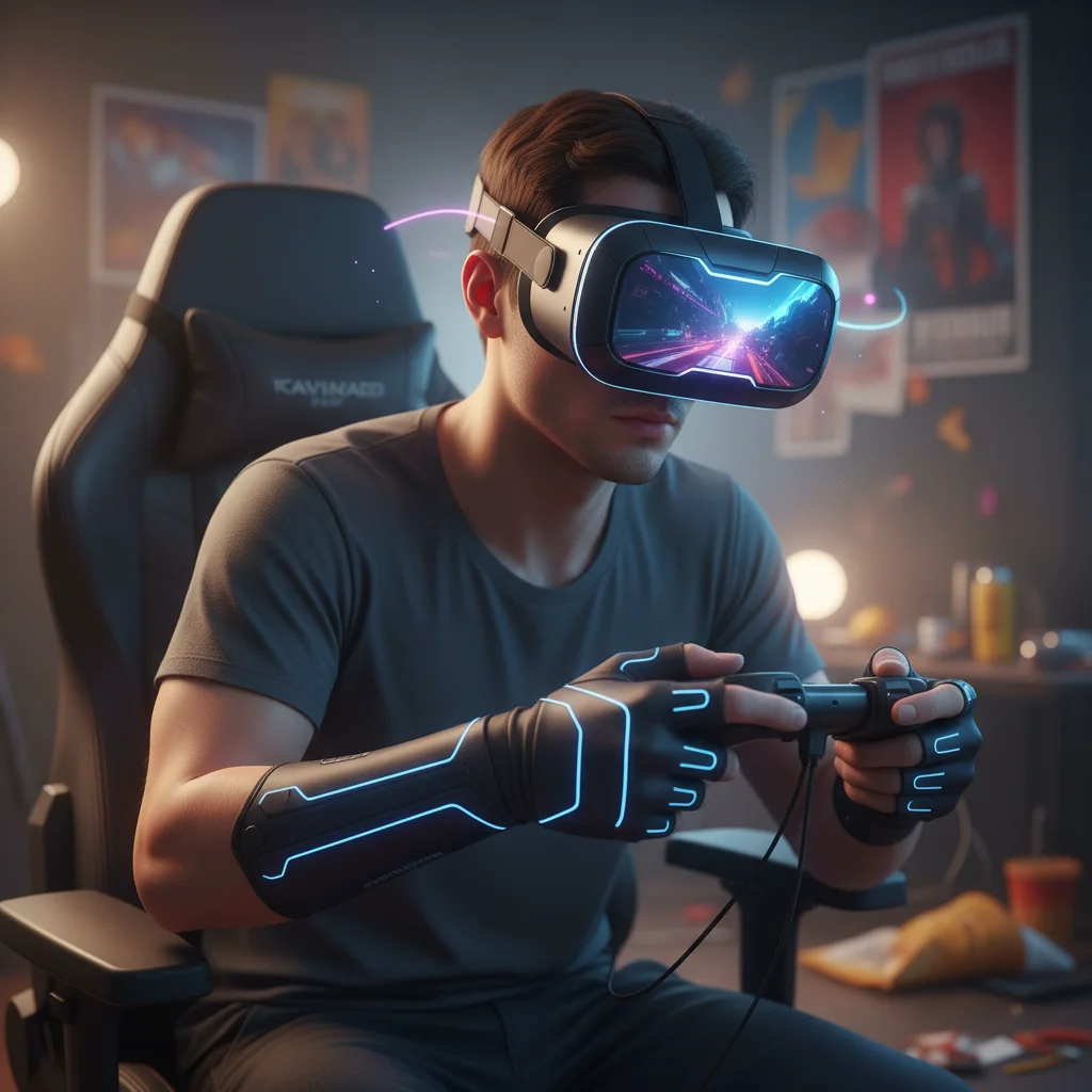 Gamer immersed in virtual reality with haptic feedback gloves for enhanced experience.