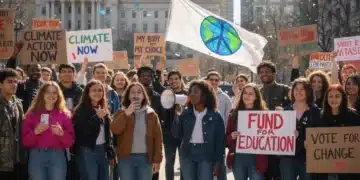 Gen Z activists at a political rally, holding protest signs and using smartphones to document their engagement.