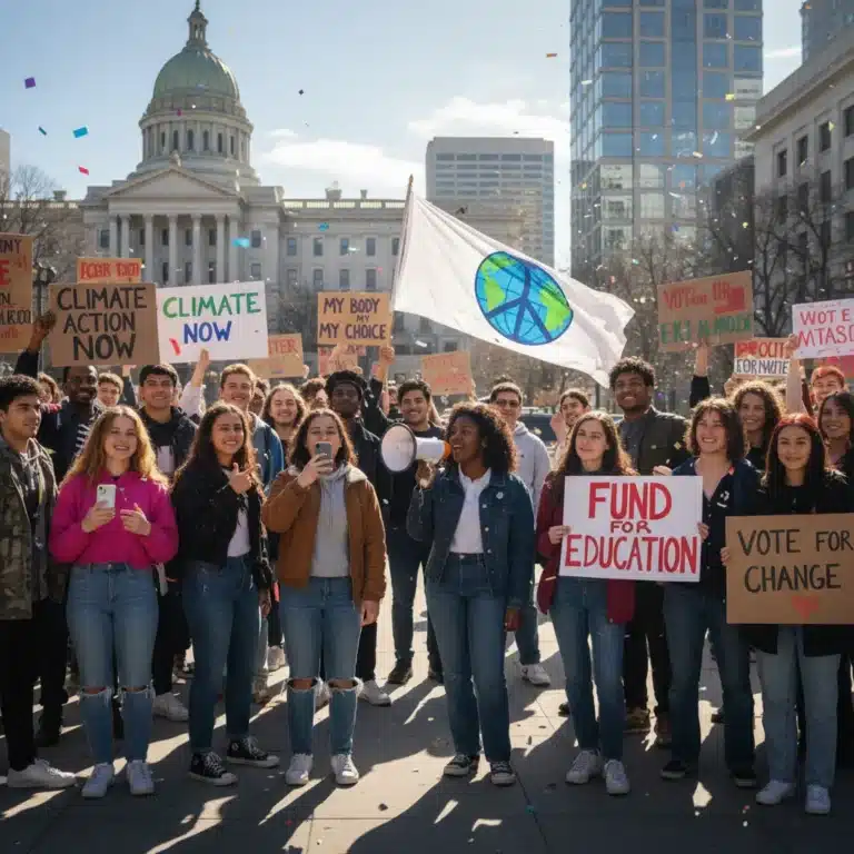 Gen Z activists at a political rally, holding protest signs and using smartphones to document their engagement.